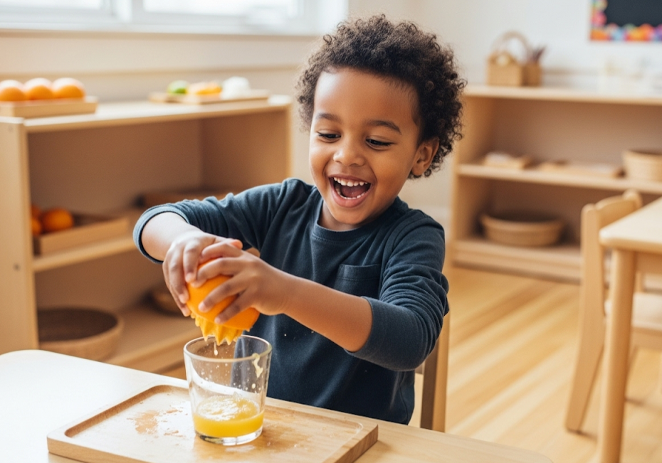 Child squeezing fresh orange juice using manual juicer